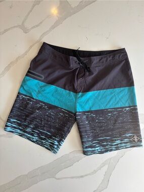 Infinity Surf 20” Board Shorts Black/Teal Size 36 Tie Waist Swim Trunks